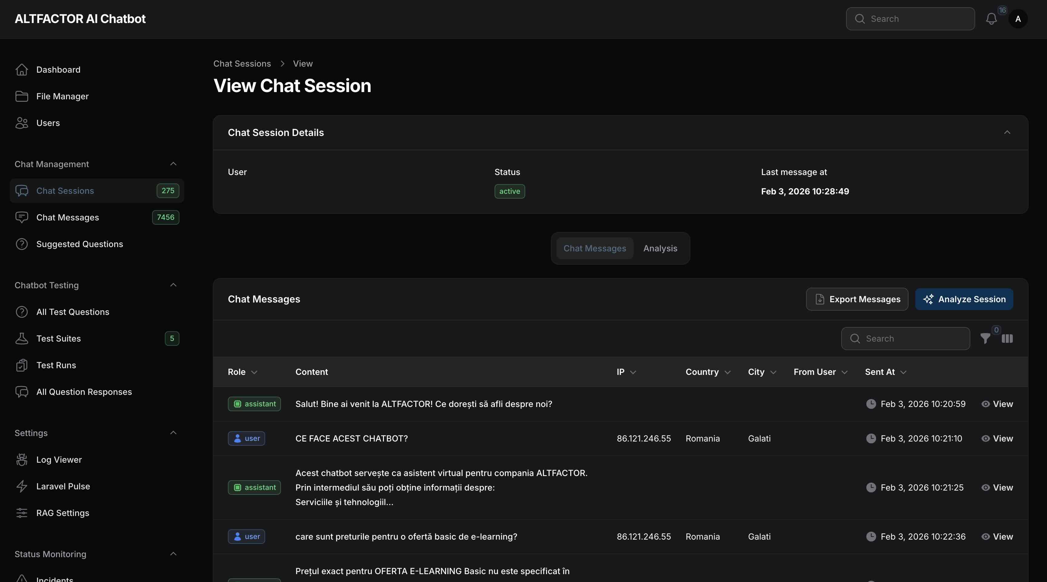 Chat session detail view
